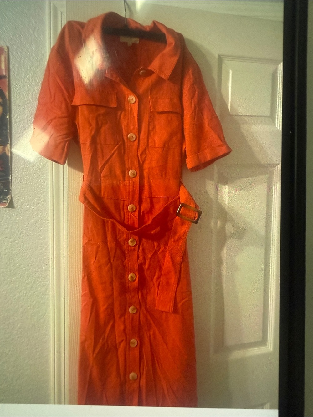 MELLODAY Orange Button-Front Midi Shirt Dress with Buckle Belt